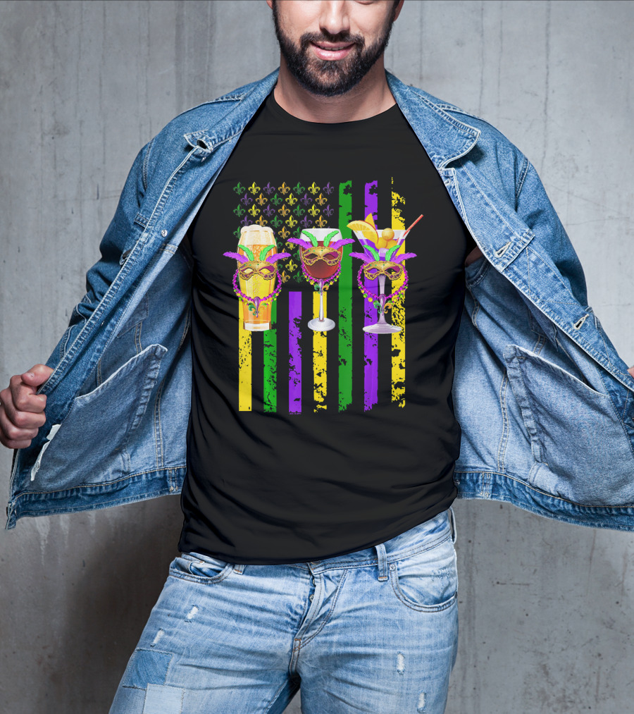 Beer Wine Cocktails With Masks And Beads Fleur-de-Lis Mardi Gras Colors T-Shirt