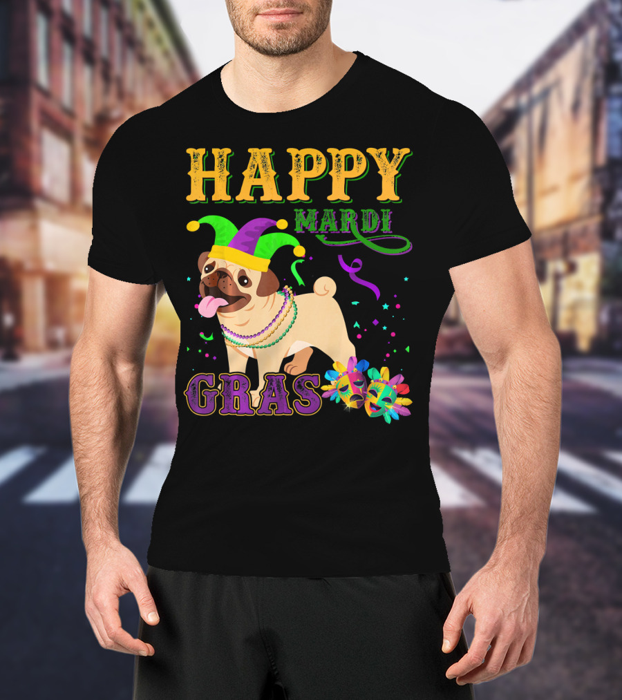 Happy Mardi Gras Pug Dog Costume Party T-Shirt