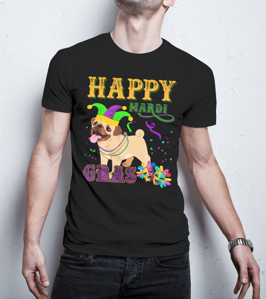 Happy Mardi Gras Pug Dog Costume Party T-Shirt