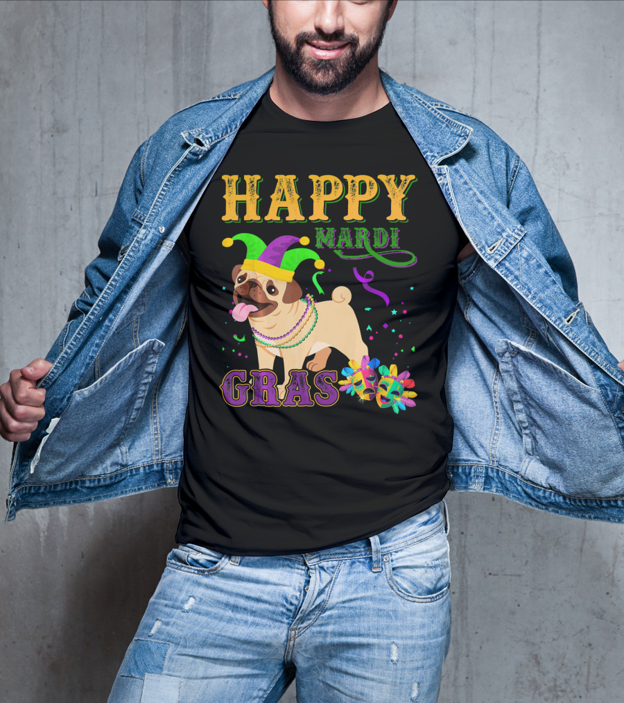 Happy Mardi Gras Pug Dog Costume Party T-Shirt