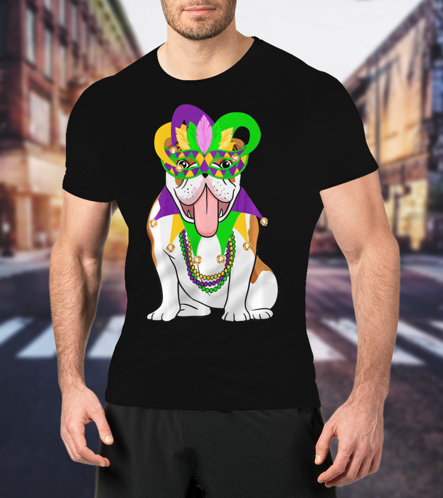 Mardi Gras English Bulldog Mask Beads Costume T-Shirt