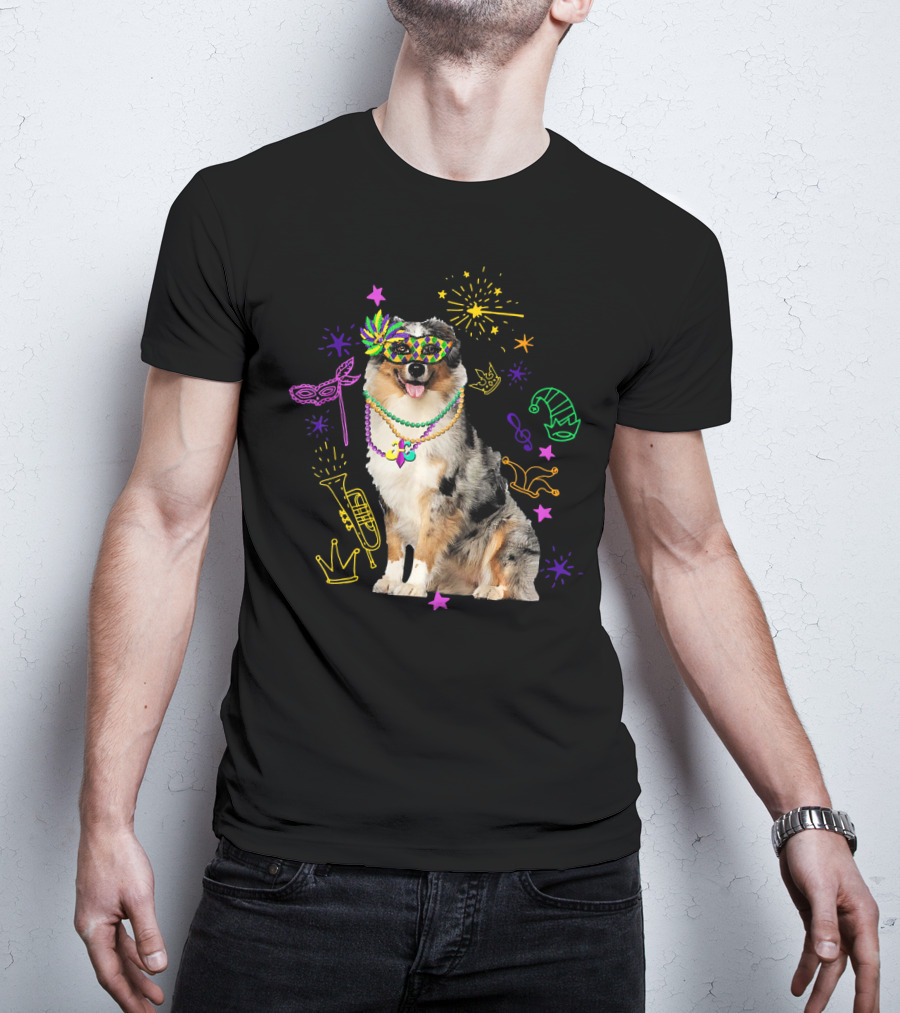 Australian Shepherd Dog With Mardi Gras Beads And Mask T-Shirt