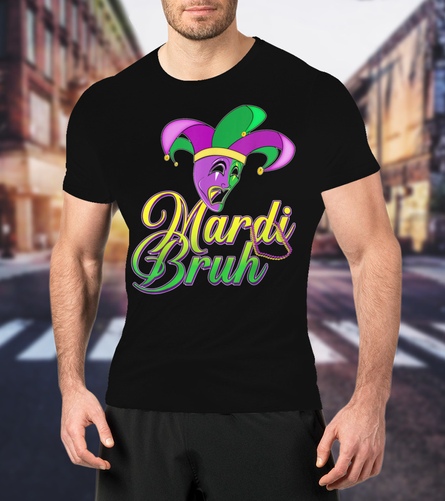 Mardi Bruh Jester Mask And Beads Mens Mardi Gras Funny Coupl T-Shirt
