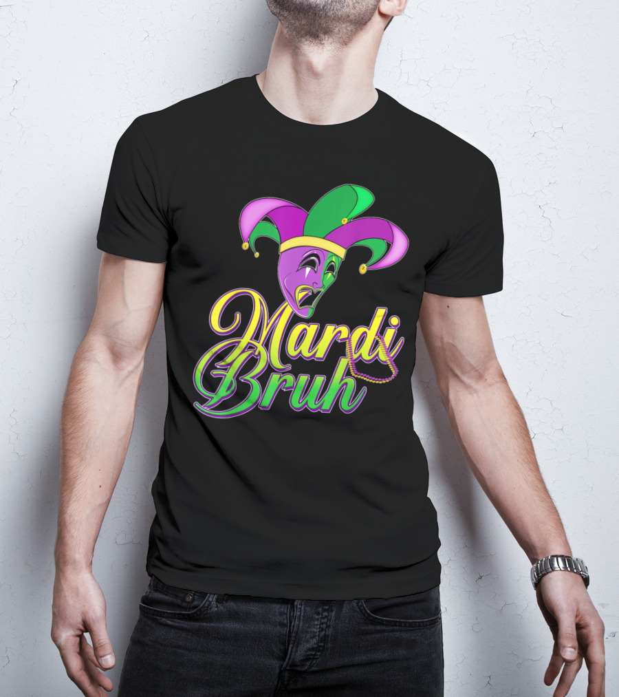 Mardi Bruh Jester Mask And Beads Mens Mardi Gras Funny Coupl T-Shirt