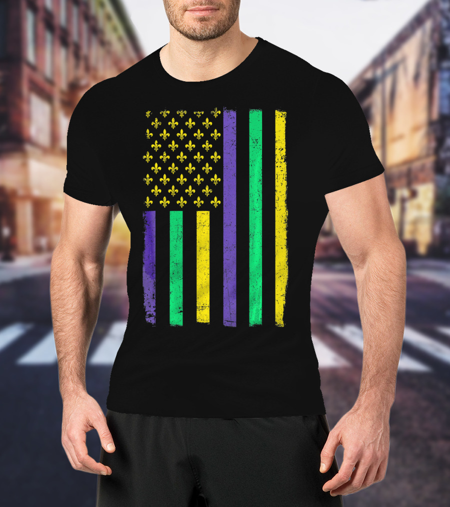 American Flag Mardi Gras Fleur De Lis Stripes T-Shirt
