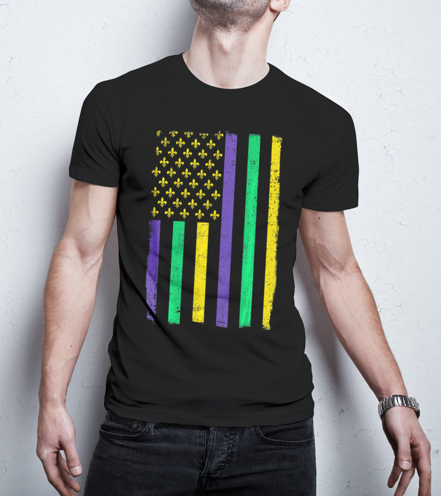 American Flag Mardi Gras Fleur De Lis Stripes T-Shirt