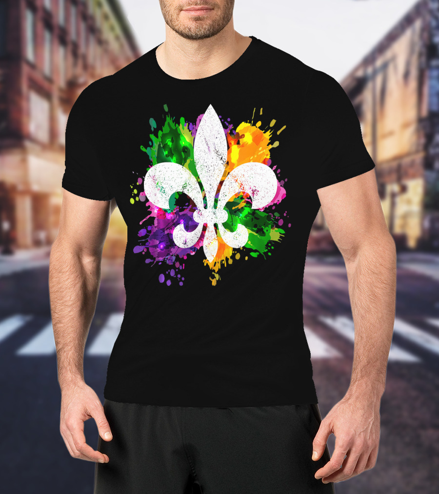 Mardi Gras Fleur De Lis Colorful Splatter Background T-Shirt