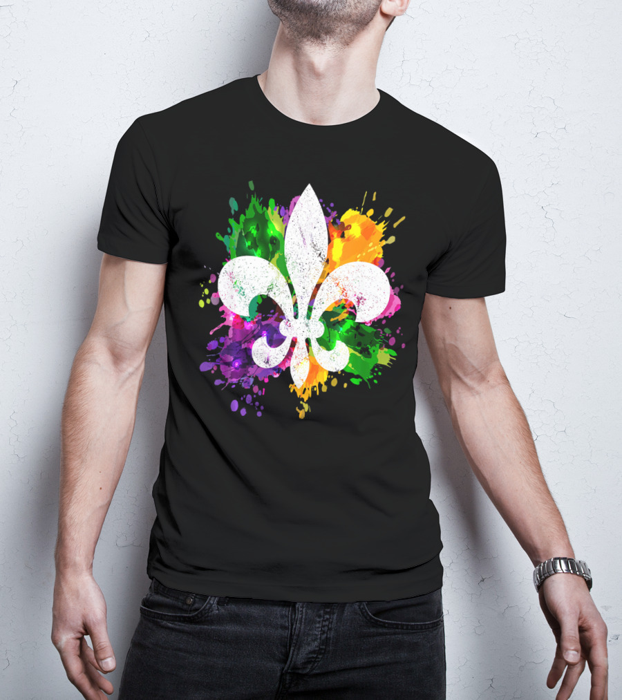 Mardi Gras Fleur De Lis Colorful Splatter Background T-Shirt