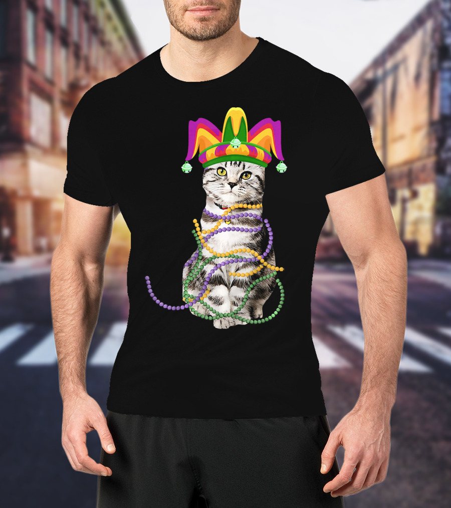 Mardi Gras Cat With Jester Hat And Beads Costume Kitte T-Shirt