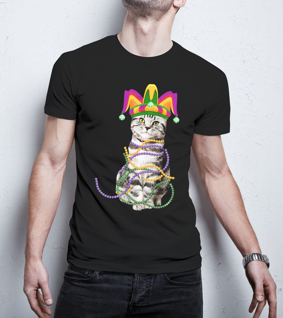 Mardi Gras Cat With Jester Hat And Beads Costume Kitte T-Shirt