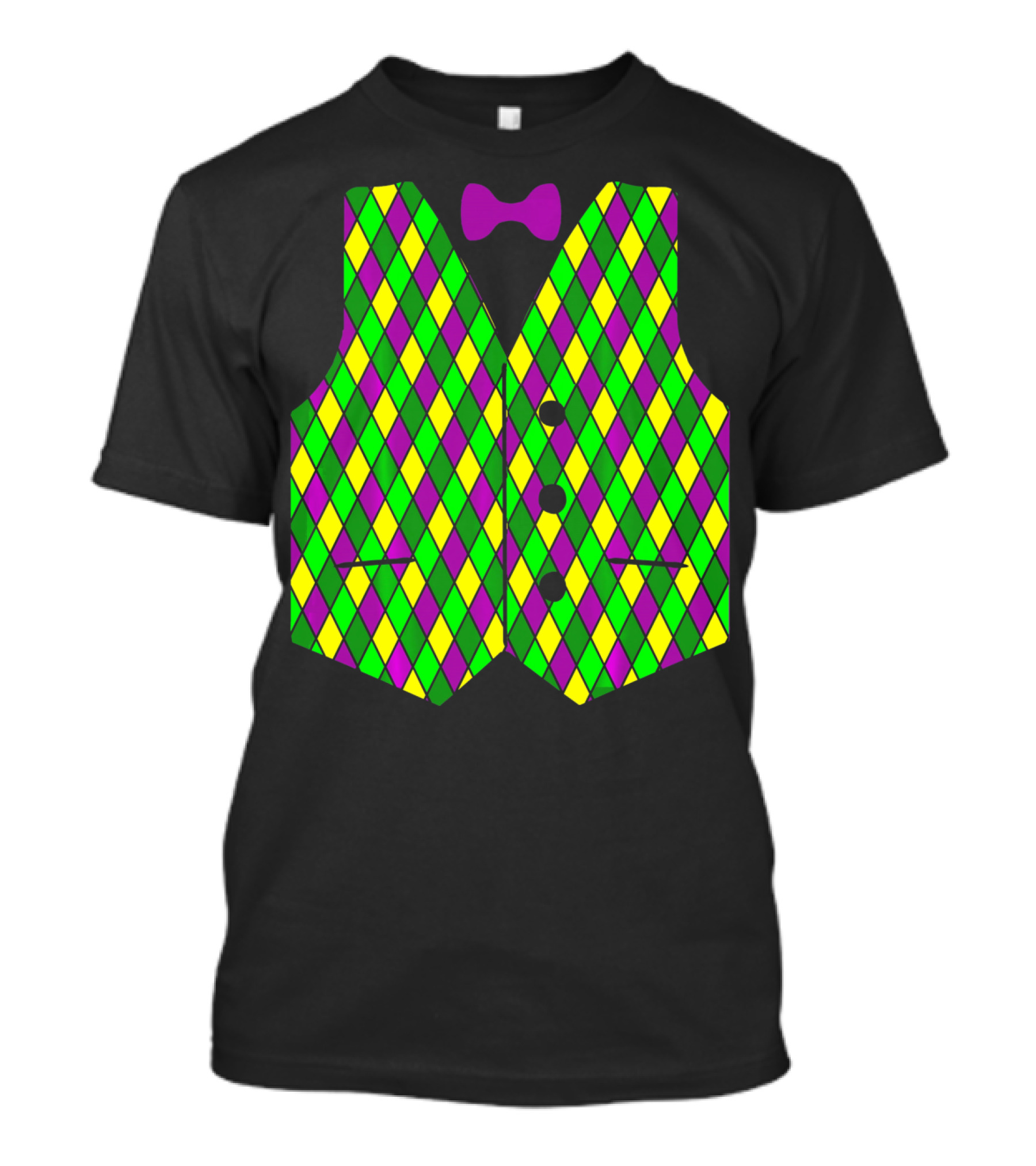 Mardi Gras Vest Harlequin Pattern Diamond Print Bowtie T-Shirt