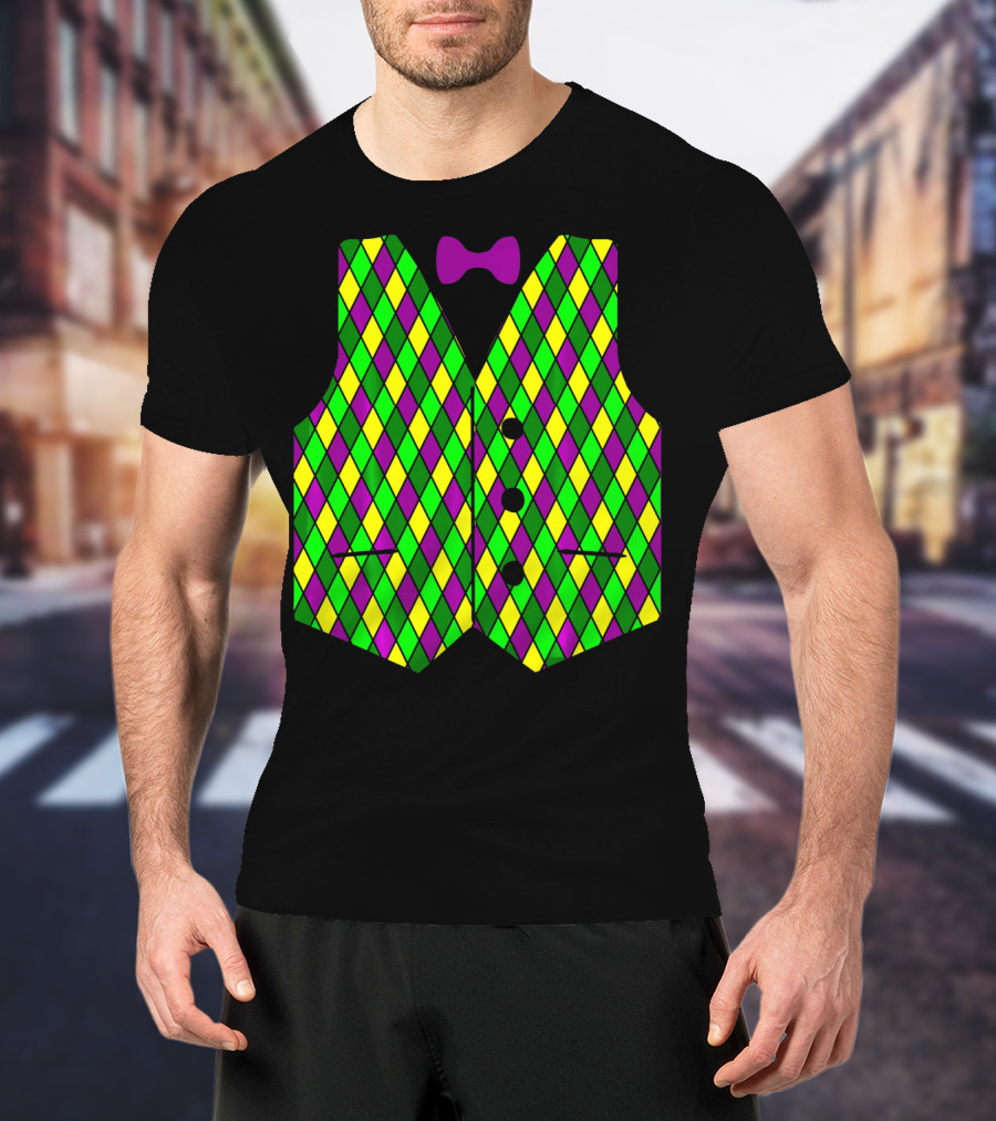 Mardi Gras Vest Harlequin Pattern Diamond Print Bowtie T-Shirt