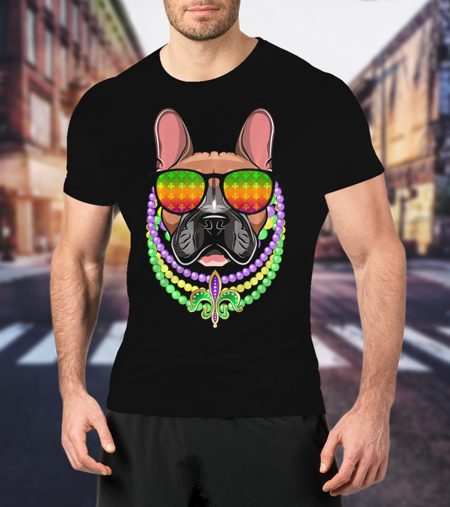 French Bulldog With Beads And Fleur-de-Lis Sunglasses For Mardi Gras T-Shirt