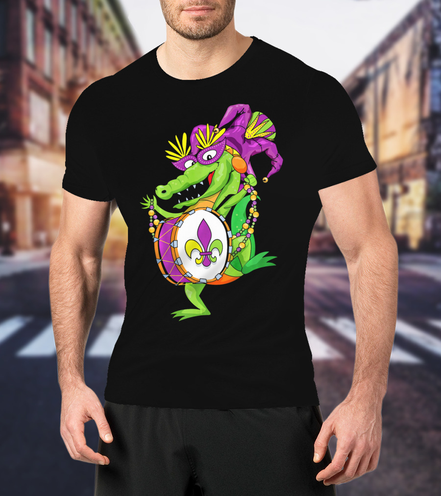 Cute Mardi Gras Alligator Jester Hat Drum Beads Fleur-de-Lis T-Shirt
