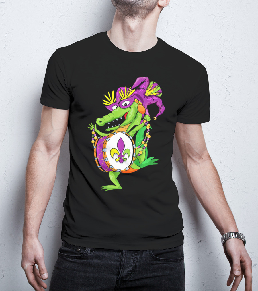 Cute Mardi Gras Alligator Jester Hat Drum Beads Fleur-de-Lis T-Shirt
