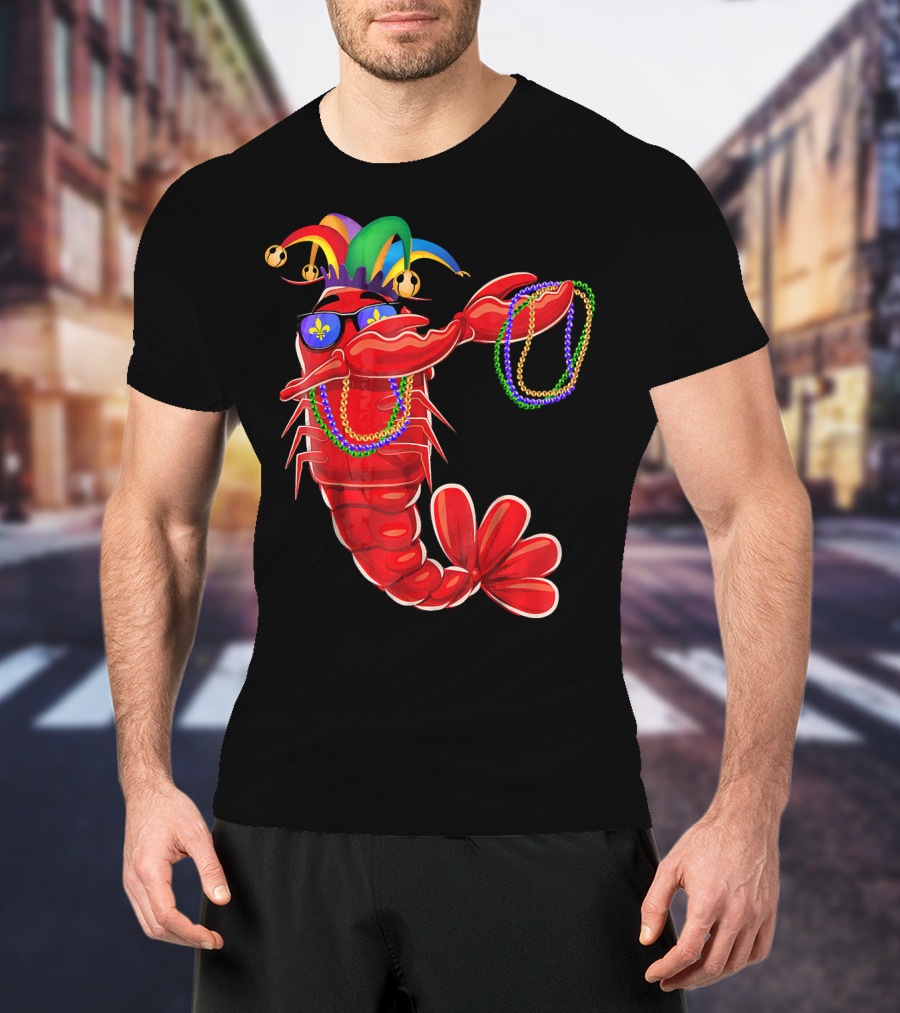 Mardi Gras Lobster Dabbing With Colorful Beads And Jester Hat T-Shirt