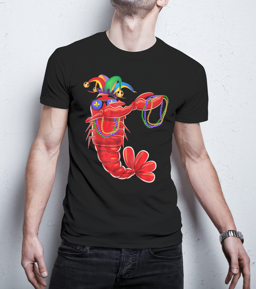 Mardi Gras Lobster Dabbing With Colorful Beads And Jester Hat T-Shirt