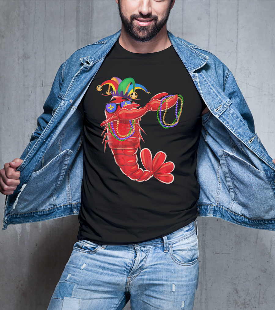 Mardi Gras Lobster Dabbing With Colorful Beads And Jester Hat T-Shirt