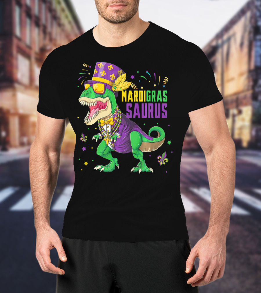 Mardi Gras Saurus T Rex Dinosaur Jester Kids T-Shirt