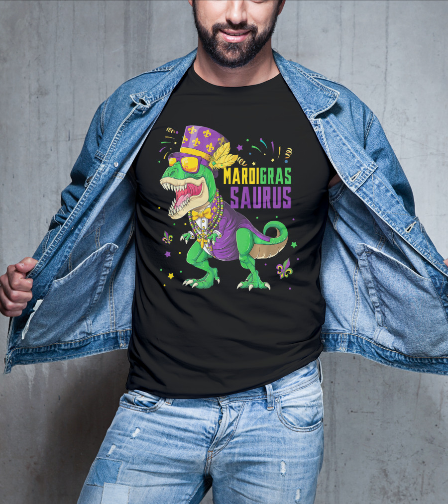Mardi Gras Saurus T Rex Dinosaur Jester Kids T-Shirt