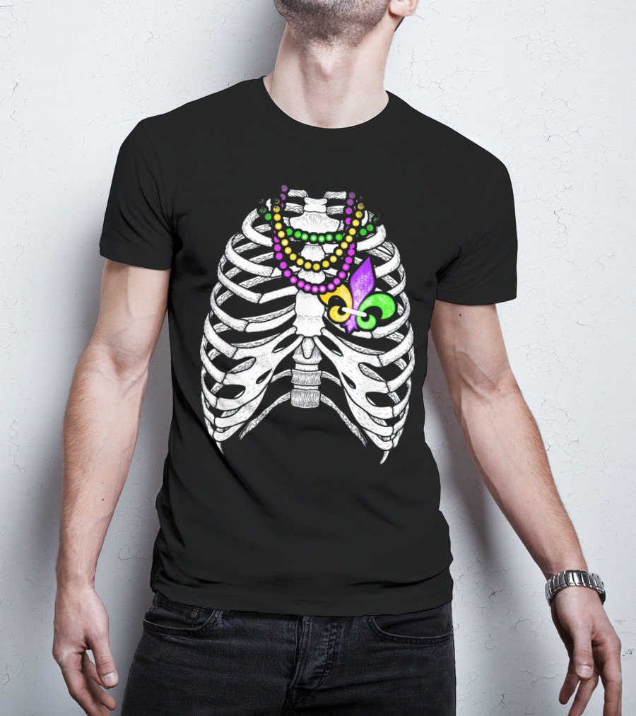 Mardi Gras Beads Skeleton Fleur De Lis Ribcage Heart T-Shirt