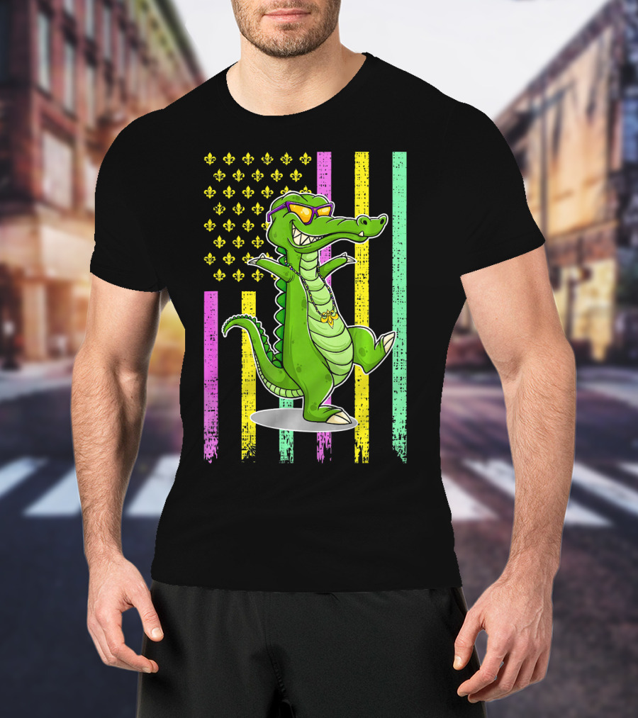 Mardi Gras Alligator With Sunglasses And Flag Background T-Shirt