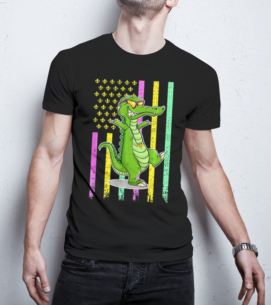 Mardi Gras Alligator With Sunglasses And Flag Background T-Shirt
