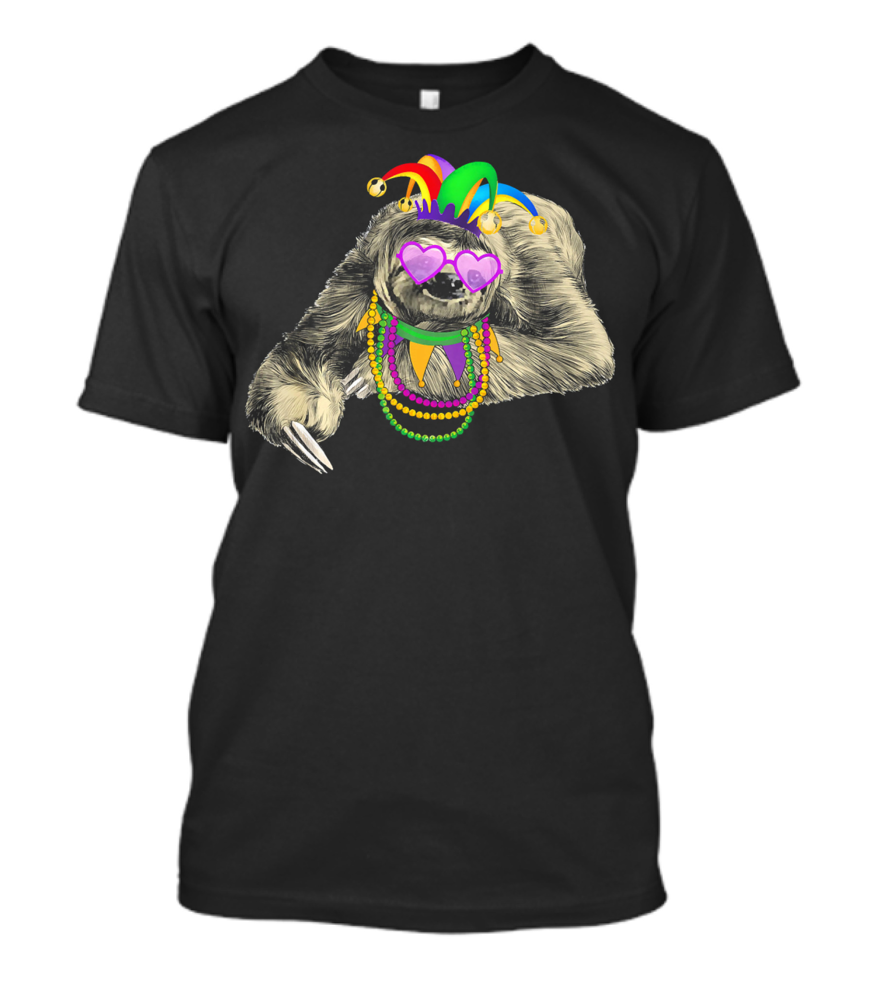 Funny Mardi Gras Jester Sloth With Beads And Mask T-Shirt