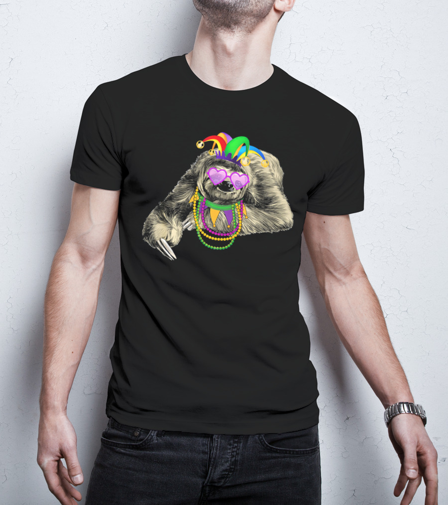 Funny Mardi Gras Jester Sloth With Beads And Mask T-Shirt