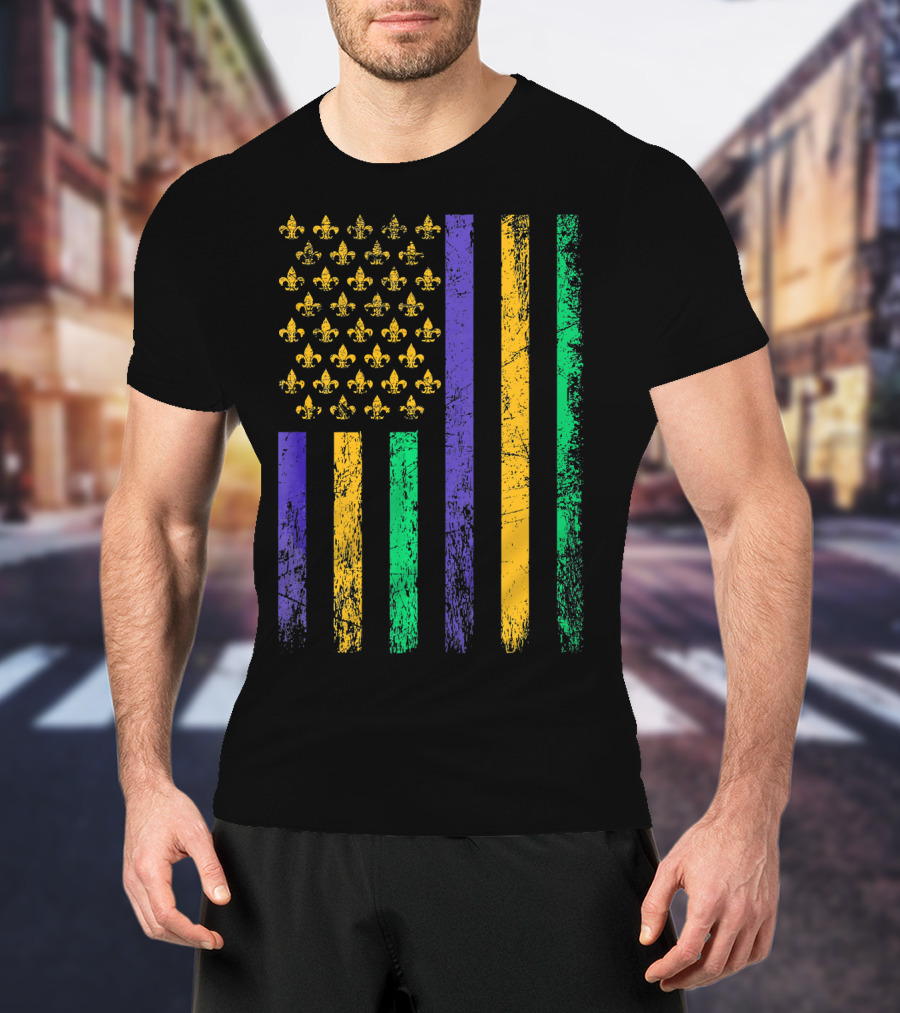 Vintage USA Flag Mardi Gras Fleur De Lis Stripes T-Shirt