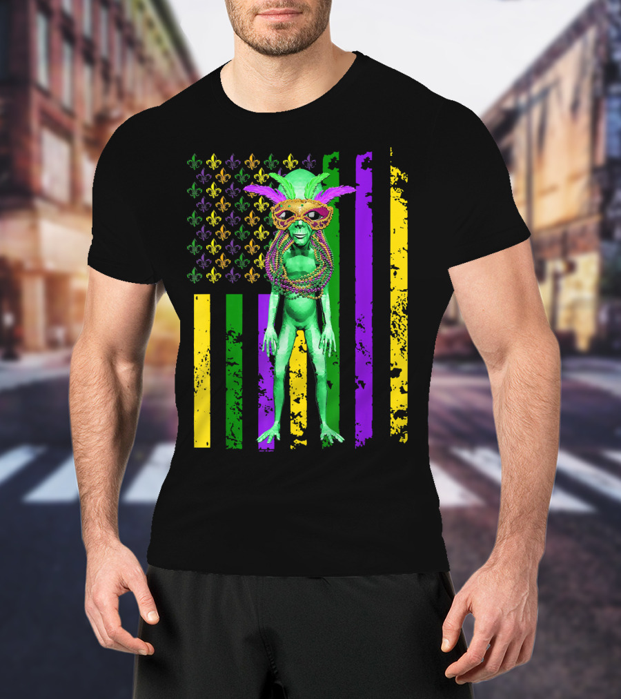 Mardi Gras Alien With Beads And Mask On American Flag T-Shirt