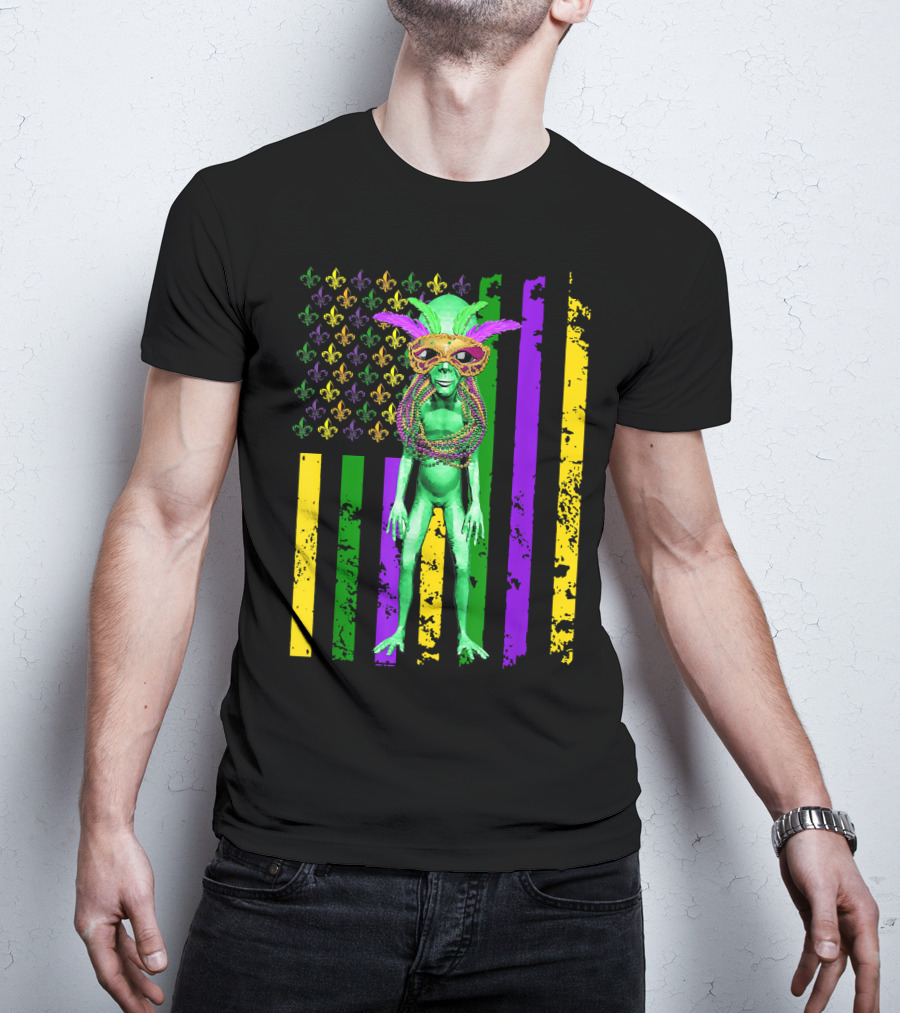 Mardi Gras Alien With Beads And Mask On American Flag T-Shirt