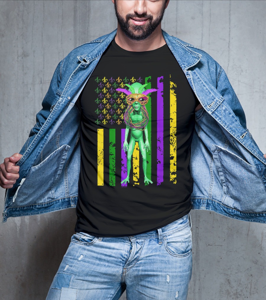 Mardi Gras Alien With Beads And Mask On American Flag T-Shirt