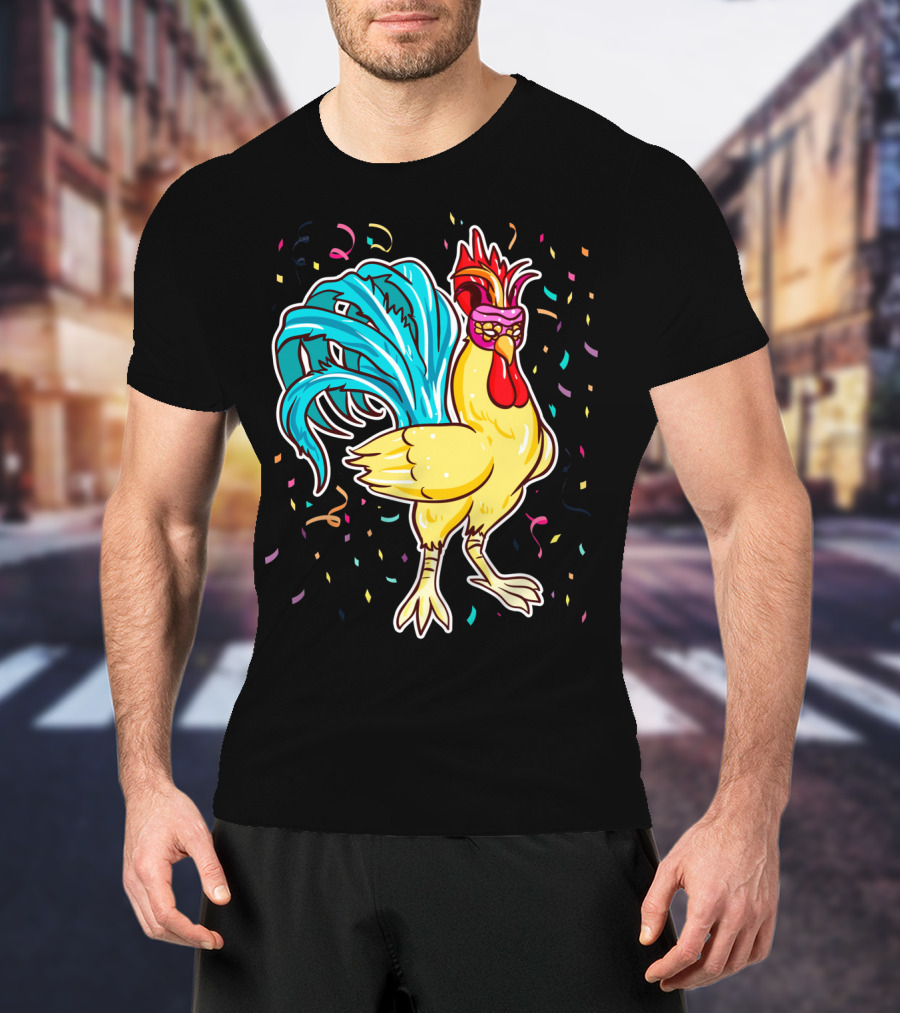 Chicken Mardi Gras Carnival Rooster With Colorful Feathers And Confetti T-Shirt