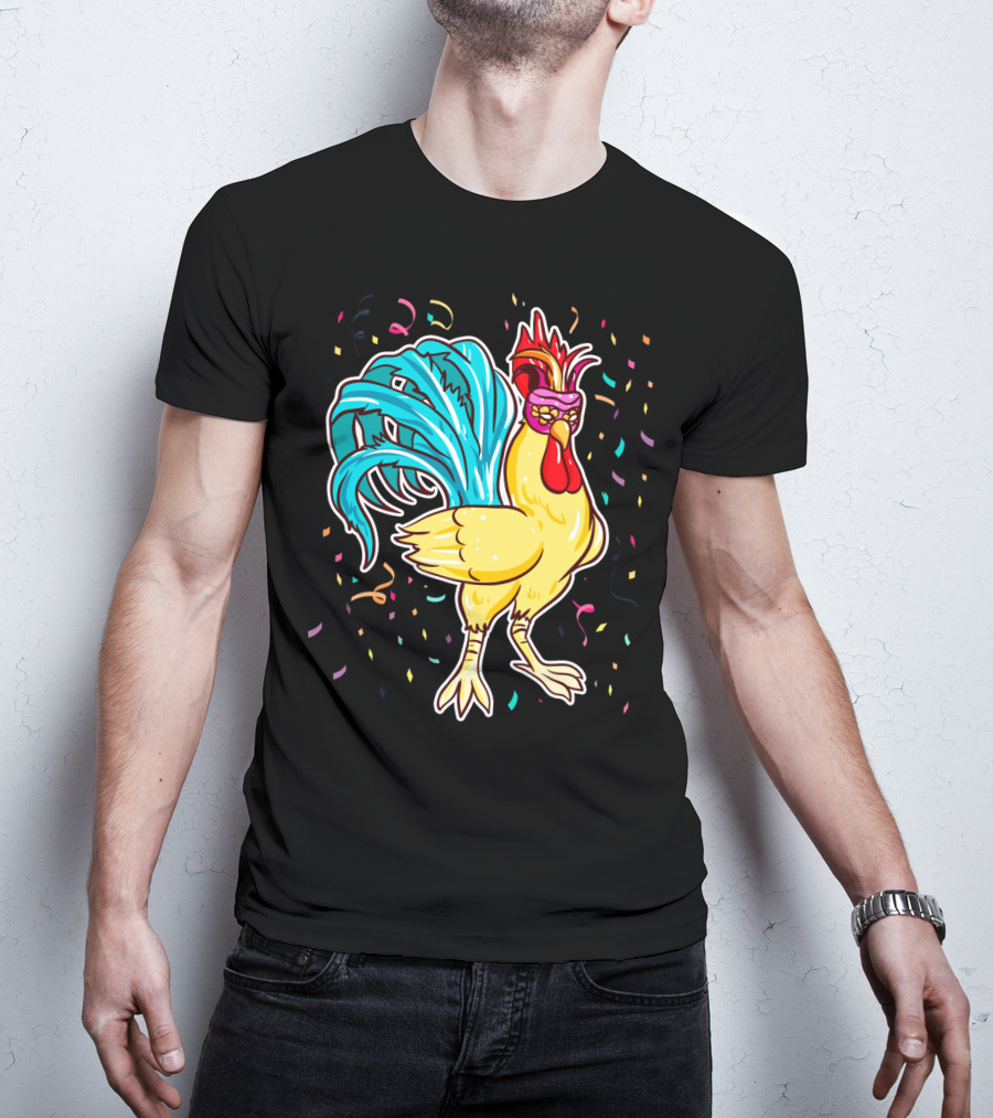 Chicken Mardi Gras Carnival Rooster With Colorful Feathers And Confetti T-Shirt
