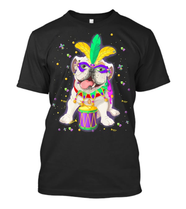Mardi Gras Bulldog With Mask Beads And Drum T-Shirt