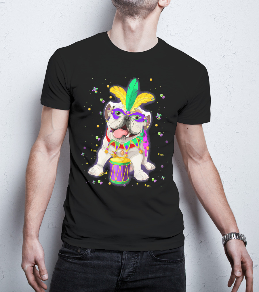 Mardi Gras Bulldog With Mask Beads And Drum T-Shirt