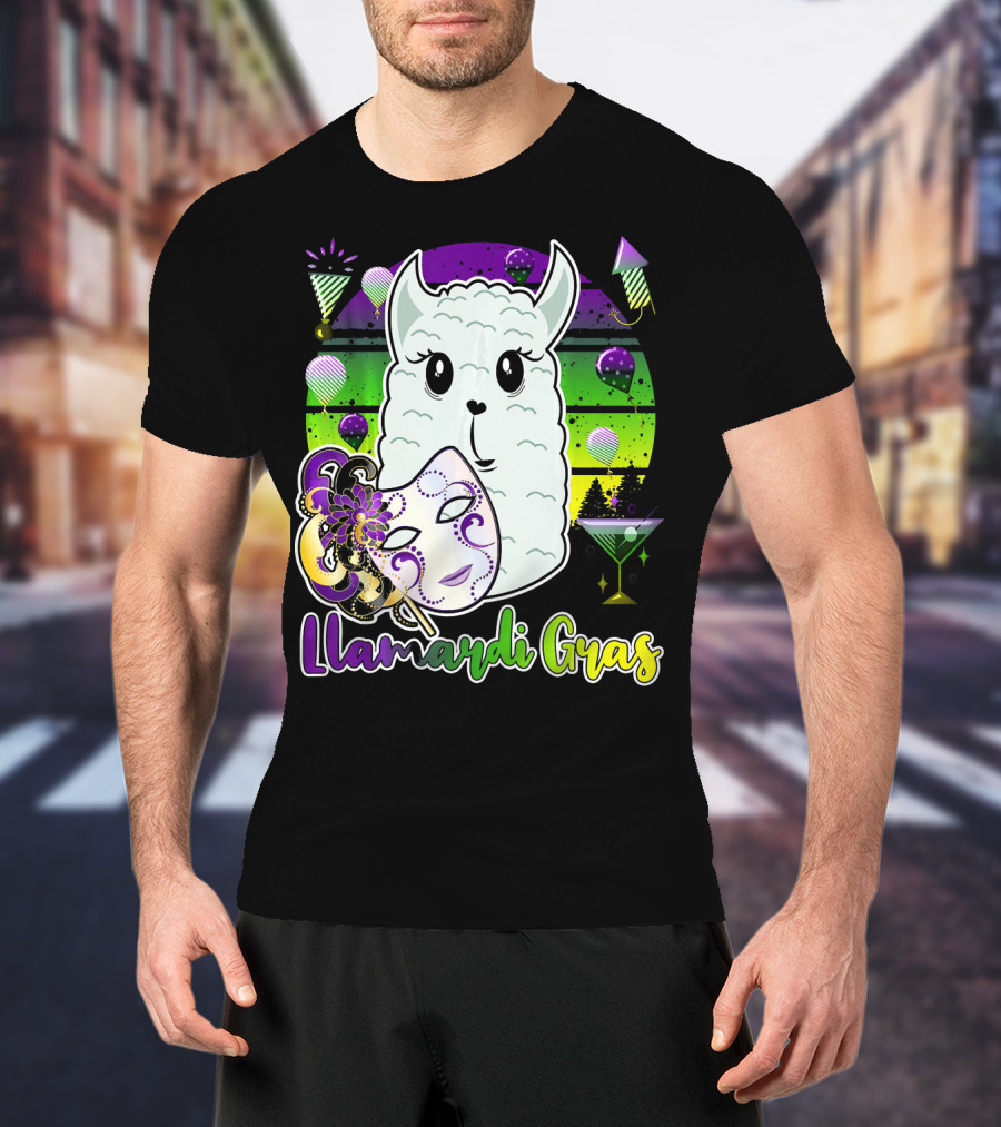 Llamardi Gras Mardi Gras Carnival Mask And Llama With Cocktail And Party Elements T-Shirt