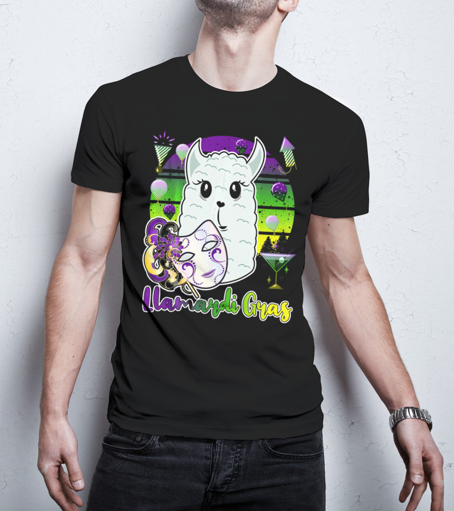 Llamardi Gras Mardi Gras Carnival Mask And Llama With Cocktail And Party Elements T-Shirt