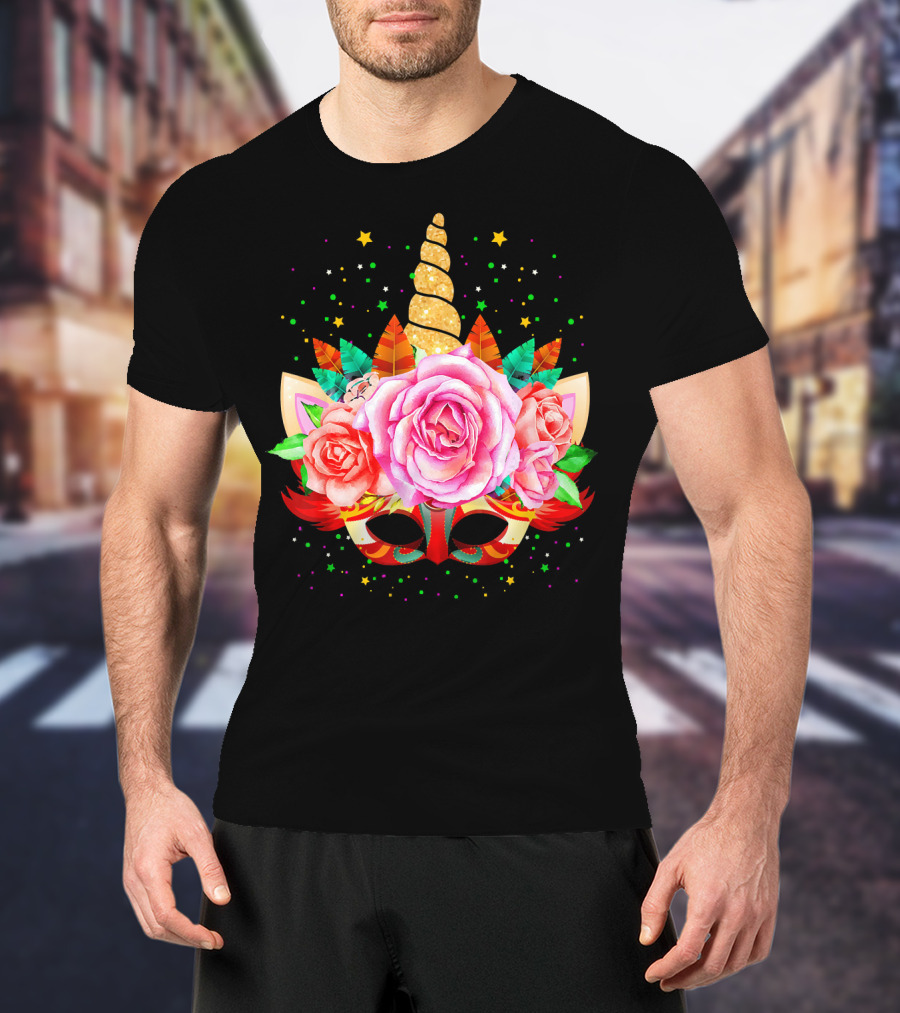 Mardi Gras Unicorn Mask With Roses And Feathers T-Shirt