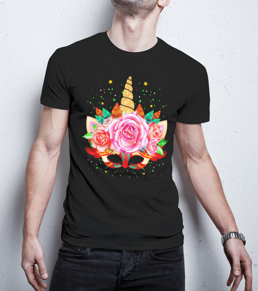 Mardi Gras Unicorn Mask With Roses And Feathers T-Shirt