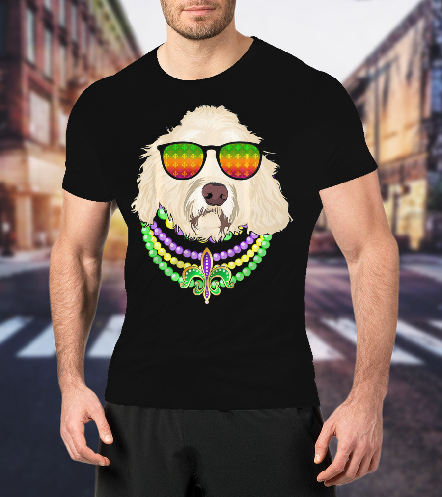 Goldendoodle In Beads And Shades Mardi Gras Fleur-de-Lis T-Shirt