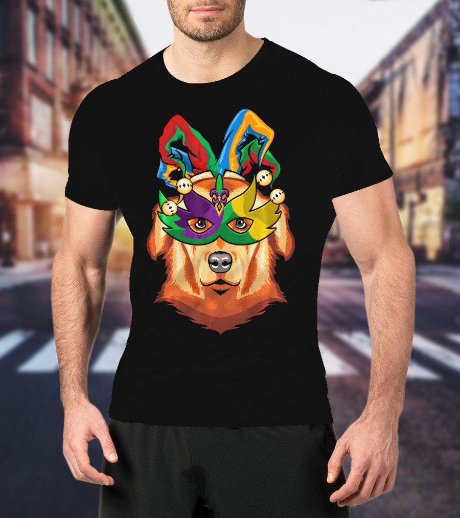 Golden Retriever Jester Mask Mardi Gras Beads Fleur-de-Lis T-Shirt