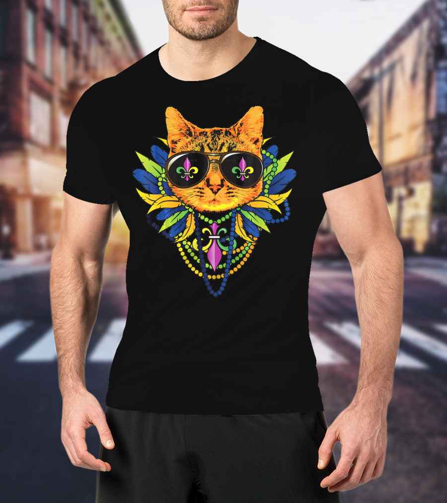Mardi Gras Cat Cool Fat Tuesday Kittens Fleur De Lis Sunglasses Beads T-Shirt