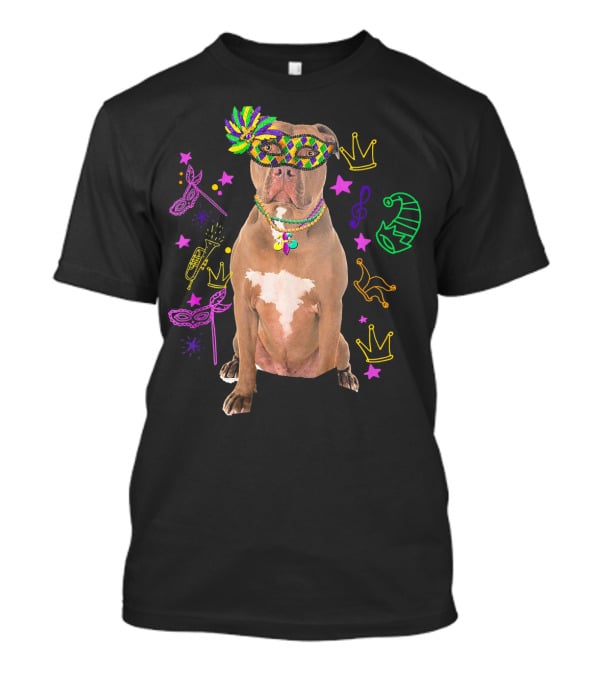 Pit Bull Mardi Gras Dog Mom Party Festive Mask Beads Crowns Music Notes T-Shirt