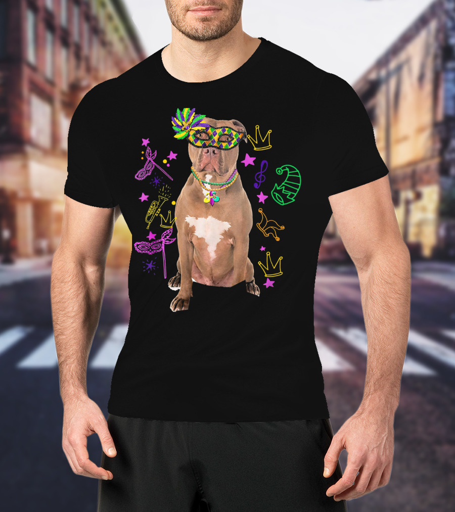Pit Bull Mardi Gras Dog Mom Party Festive Mask Beads Crowns Music Notes T-Shirt