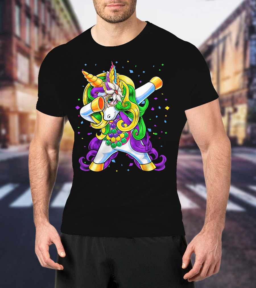 Dabbing Unicorn Mardi Gras Beads With Colorful Confetti T-Shirt