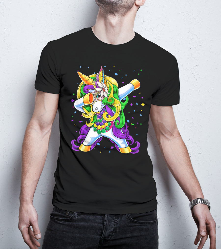 Dabbing Unicorn Mardi Gras Beads With Colorful Confetti T-Shirt