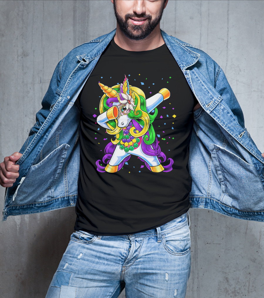 Dabbing Unicorn Mardi Gras Beads With Colorful Confetti T-Shirt