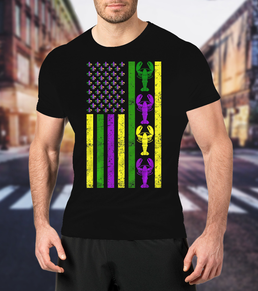 US Mardi Gras New Orleans Crawfish Fleur-de-Lis Flag T-Shirt